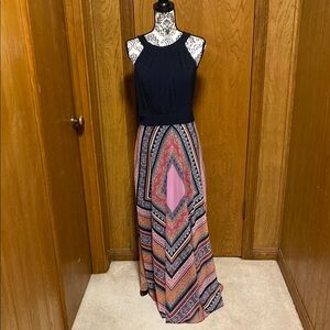 Sandra Darren Pink and Blue Halter Sundress Maxi Great Summer and Party Dress